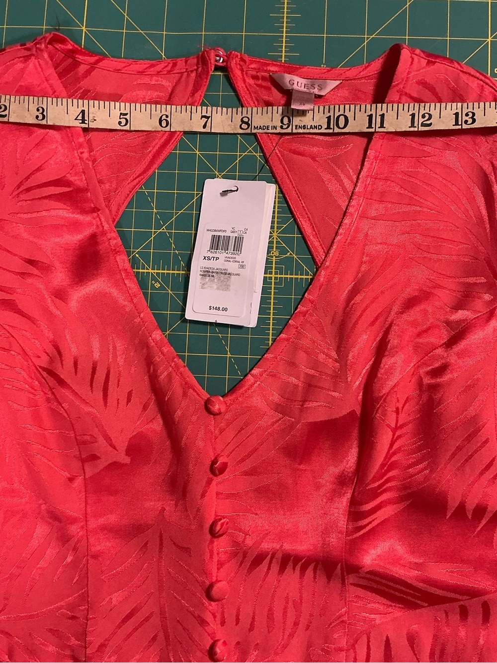 2335 - Guess Red Satin Leaf-Print Long Sleeve Mini Dress - Picture 10 of 12